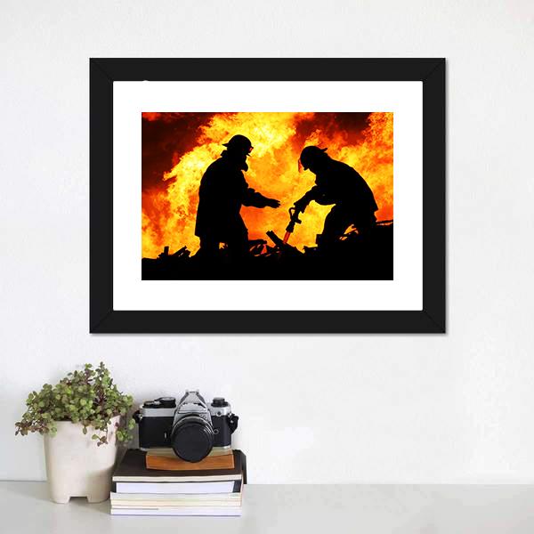 Silhouette Of Firemen Canvas Wall Art-1 Piece-Framed Print-20" x 16"-Tiaracle