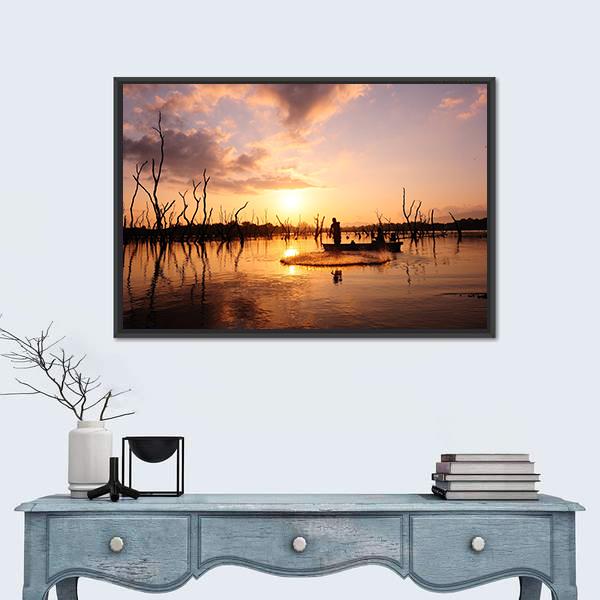 Silhouette Of Fisherman Canvas Wall Art-1 Piece-Floating Frame-24" x 16"-Tiaracle