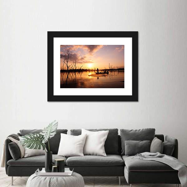 Silhouette Of Fisherman Canvas Wall Art-3 Horizontal-Gallery Wrap-25" x 16"-Tiaracle