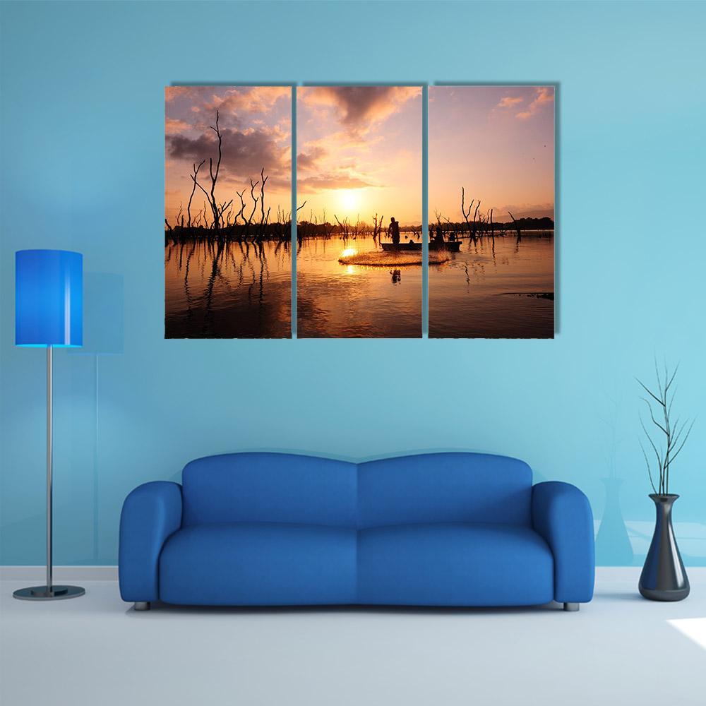Silhouette Of Fisherman Canvas Wall Art-3 Horizontal-Gallery Wrap-37" x 24"-Tiaracle