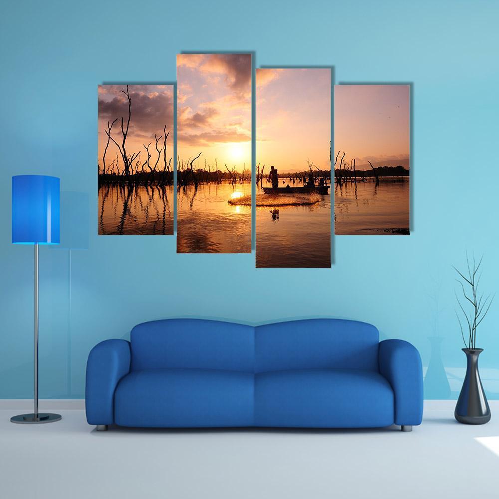 Silhouette Of Fisherman Canvas Wall Art-4 Pop-Gallery Wrap-50" x 32"-Tiaracle