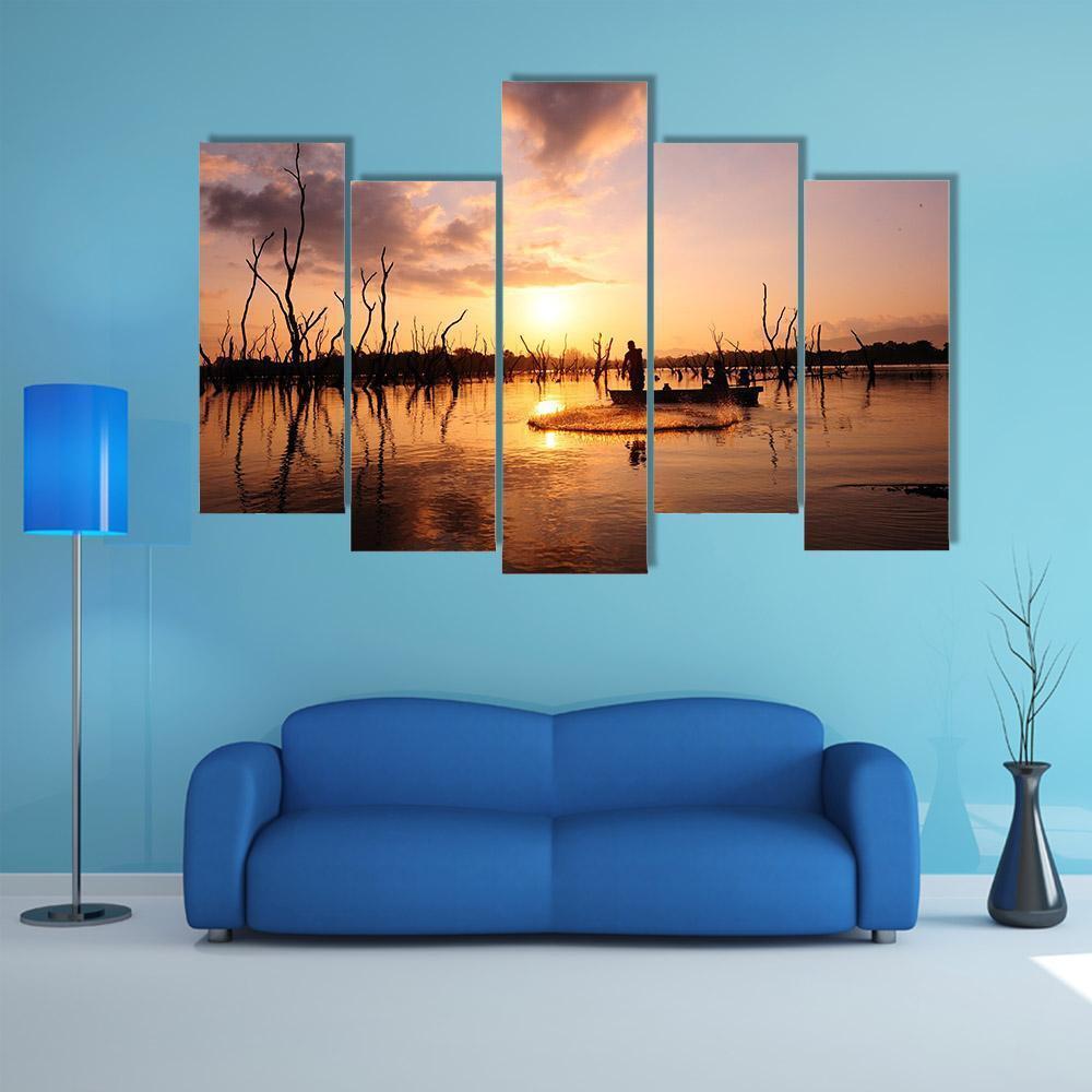 Silhouette Of Fisherman Canvas Wall Art-5 Pop-Gallery Wrap-47" x 32"-Tiaracle