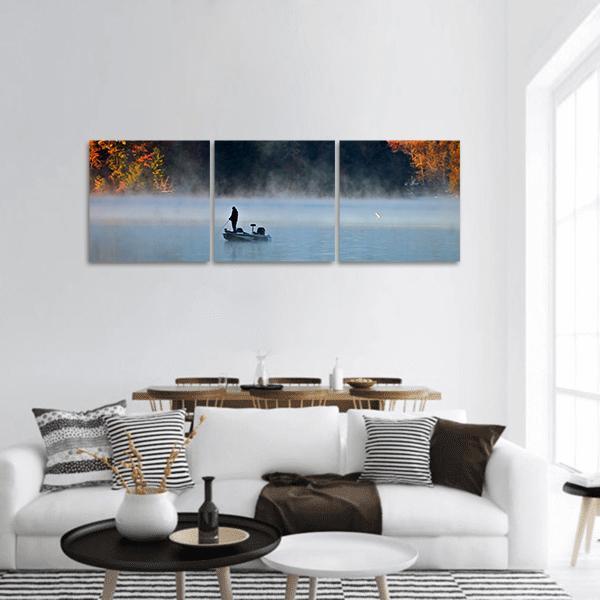 Fisherman In Foggy Morning Panoramic Canvas Wall Art-3 Piece-25" x 08"-Tiaracle