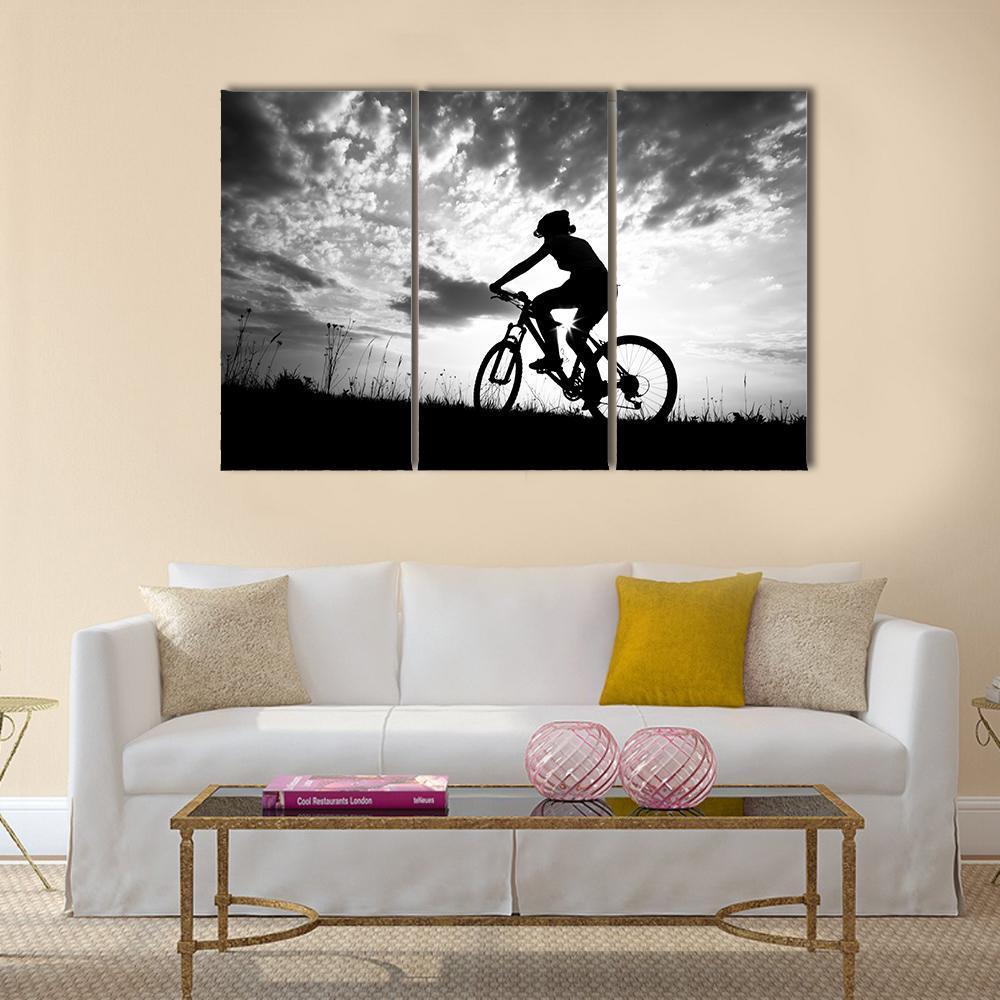 Silhouette Of Girl Biker Canvas Wall Art-3 Horizontal-Gallery Wrap-37&quot; x 24&quot;-Tiaracle