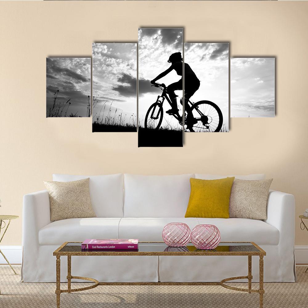 Silhouette Of Girl Biker Canvas Wall Art-5 Star-Gallery Wrap-62&quot; x 32&quot;-Tiaracle