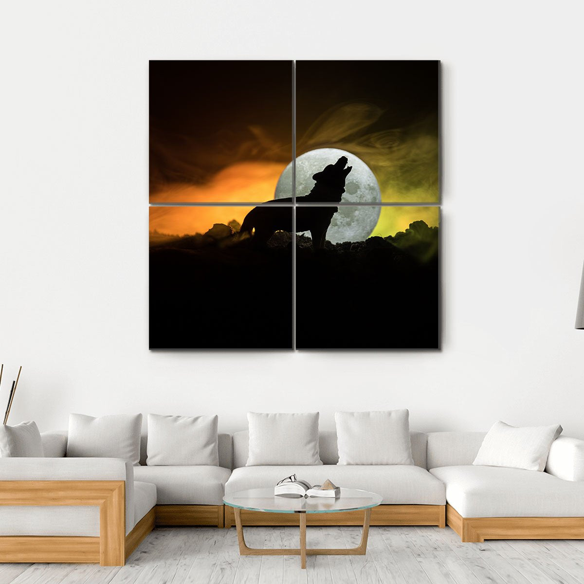 Silhouette Of Howling Wolf Canvas Wall Art-4 Square-Gallery Wrap-17&quot; x 17&quot;-Tiaracle