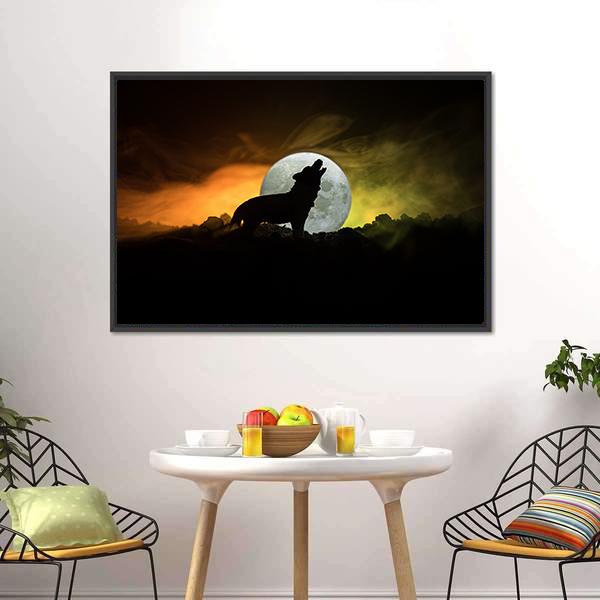 Silhouette Of Howling Wolf Canvas Wall Art-3 Horizontal-Gallery Wrap-25" x 16"-Tiaracle