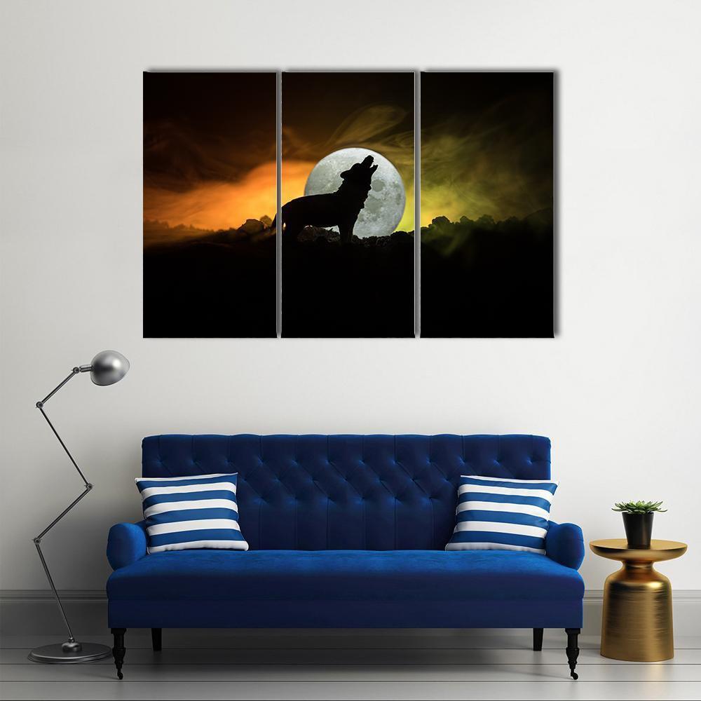 Silhouette Of Howling Wolf Canvas Wall Art-3 Horizontal-Gallery Wrap-37" x 24"-Tiaracle