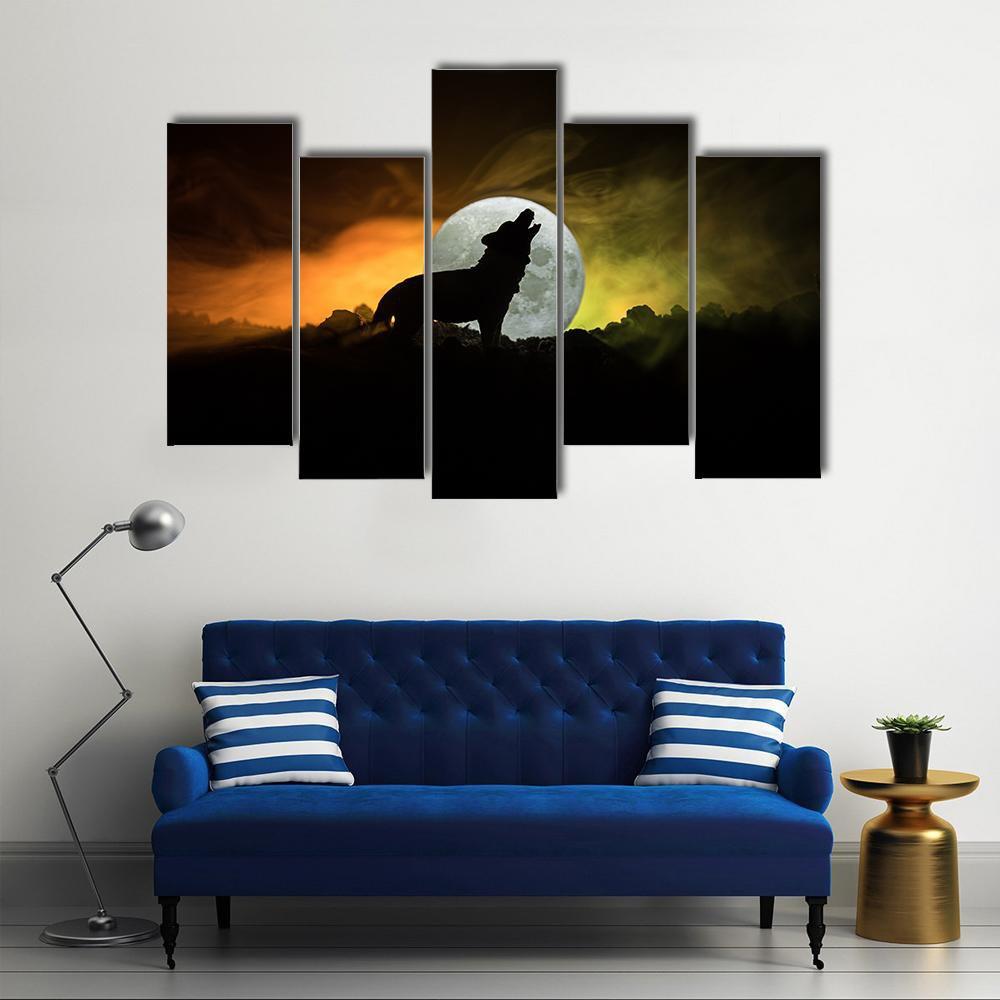 Silhouette Of Howling Wolf Canvas Wall Art-5 Pop-Gallery Wrap-47" x 32"-Tiaracle