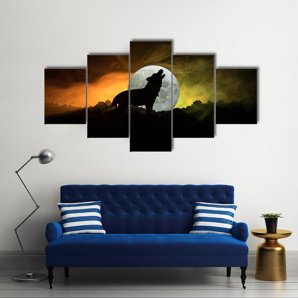 Silhouette Of Howling Wolf Canvas Wall Art-5 Star-Gallery Wrap-62" x 32"-Tiaracle