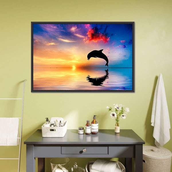 Silhouette Of Jumping Dolphin Canvas Wall Art-5 Horizontal-Gallery Wrap-22" x 12"-Tiaracle
