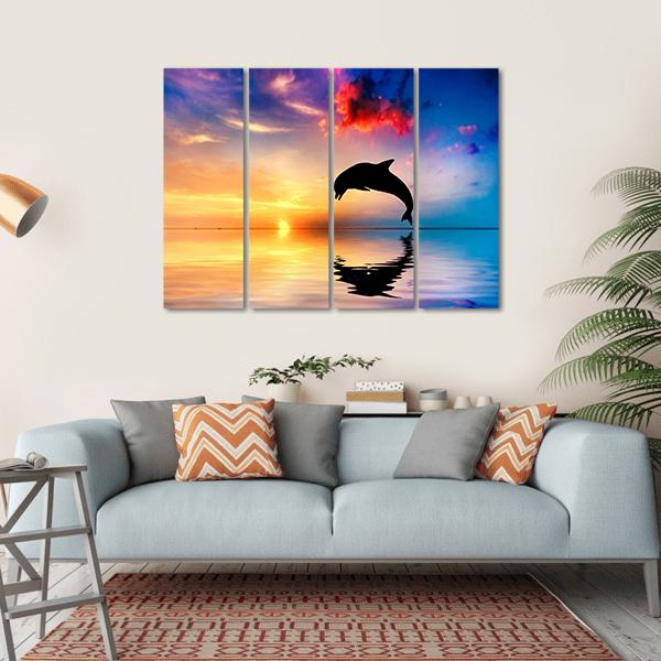 Silhouette Of Jumping Dolphin Canvas Wall Art-4 Horizontal-Gallery Wrap-34" x 24"-Tiaracle