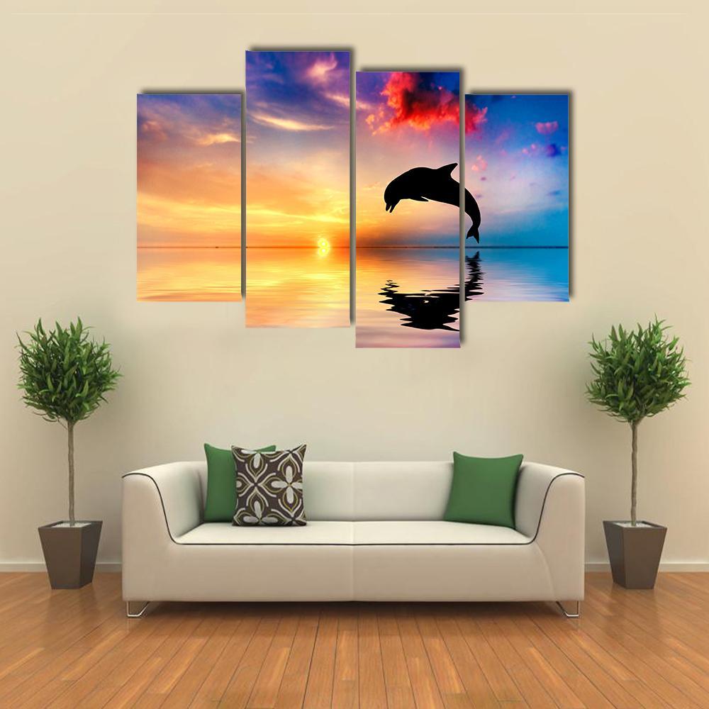 Silhouette Of Jumping Dolphin Canvas Wall Art-4 Pop-Gallery Wrap-50" x 32"-Tiaracle