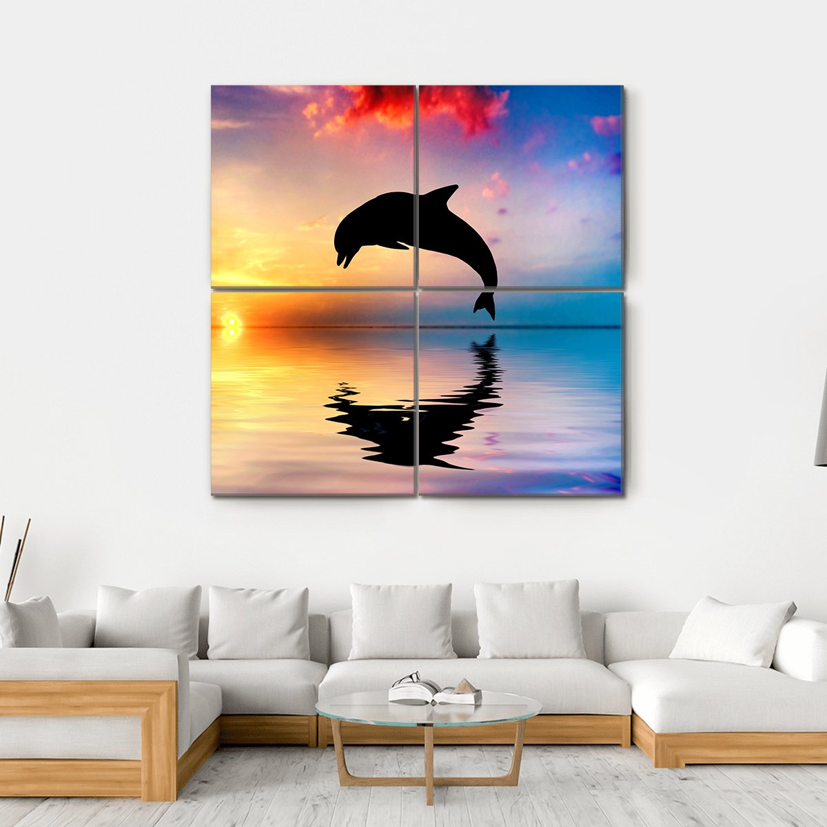 Silhouette Of Jumping Dolphin Canvas Wall Art-4 Square-Gallery Wrap-17" x 17"-Tiaracle