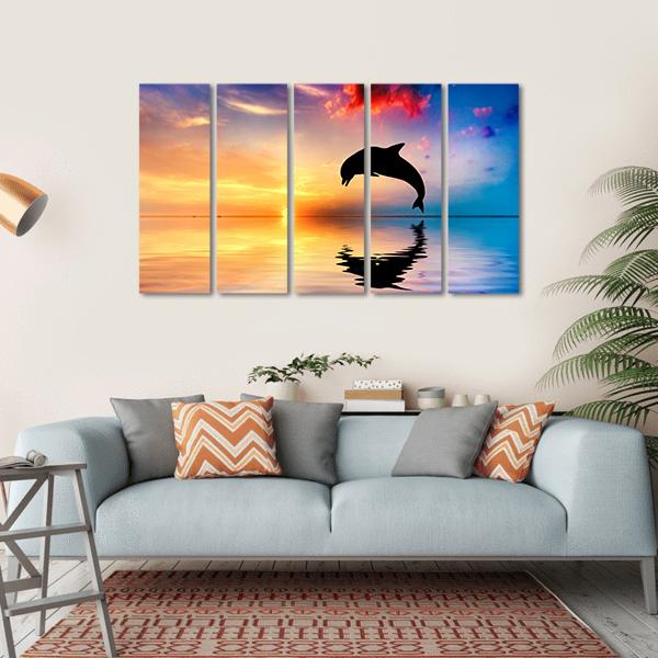 Silhouette Of Jumping Dolphin Canvas Wall Art-5 Horizontal-Gallery Wrap-22" x 12"-Tiaracle