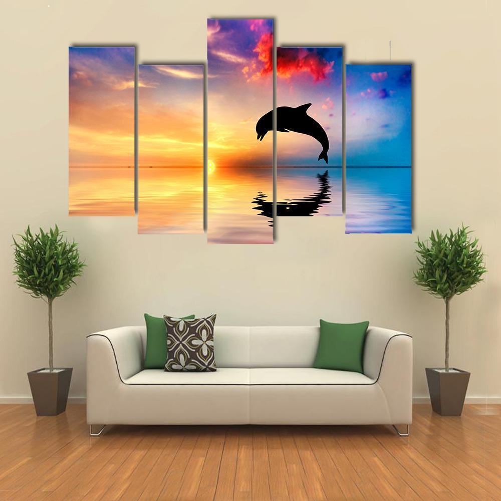 Silhouette Of Jumping Dolphin Canvas Wall Art-1 Piece-Gallery Wrap-48" x 32"-Tiaracle