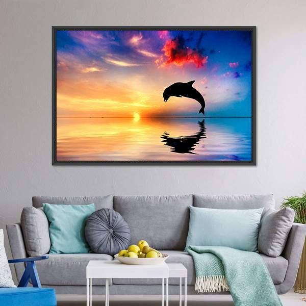 Silhouette Of Jumping Dolphin Canvas Wall Art-3 Horizontal-Gallery Wrap-25" x 16"-Tiaracle