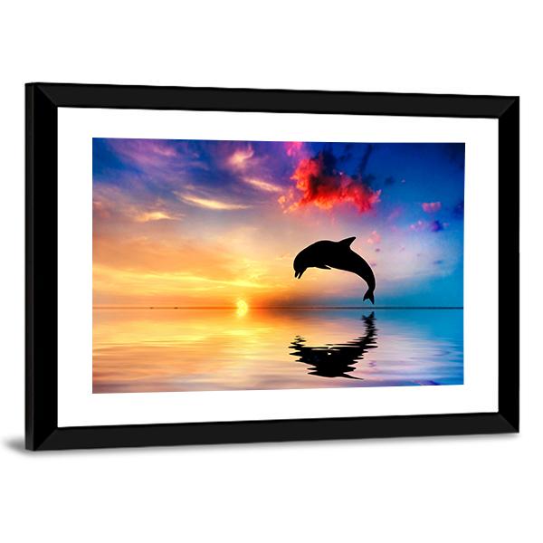 Silhouette Of Jumping Dolphin Canvas Wall Art-3 Horizontal-Gallery Wrap-25" x 16"-Tiaracle