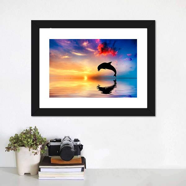 Silhouette Of Jumping Dolphin Canvas Wall Art-3 Horizontal-Gallery Wrap-25" x 16"-Tiaracle