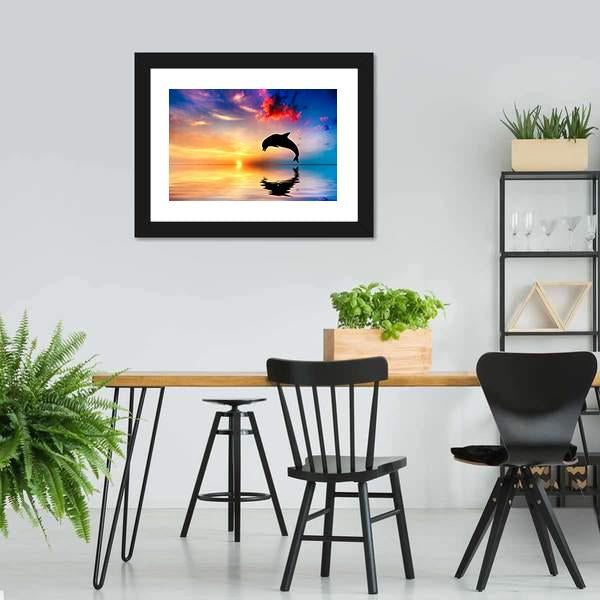 Silhouette Of Jumping Dolphin Canvas Wall Art-3 Horizontal-Gallery Wrap-25" x 16"-Tiaracle