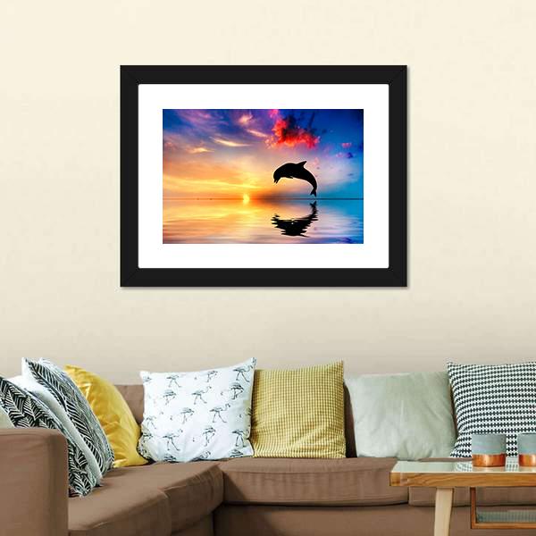 Silhouette Of Jumping Dolphin Panoramic Canvas Wall Art-1 Piece-36" x 12"-Tiaracle