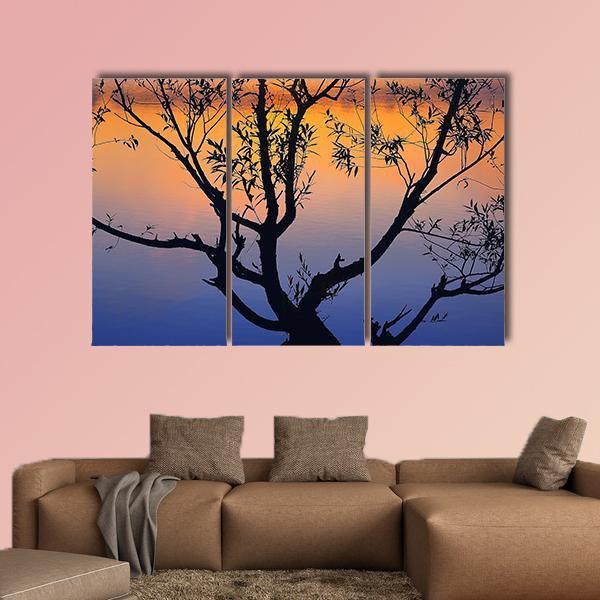 Tree Silhouette At Sunrise Canvas Wall Art-3 Horizontal-Gallery Wrap-25" x 16"-Tiaracle