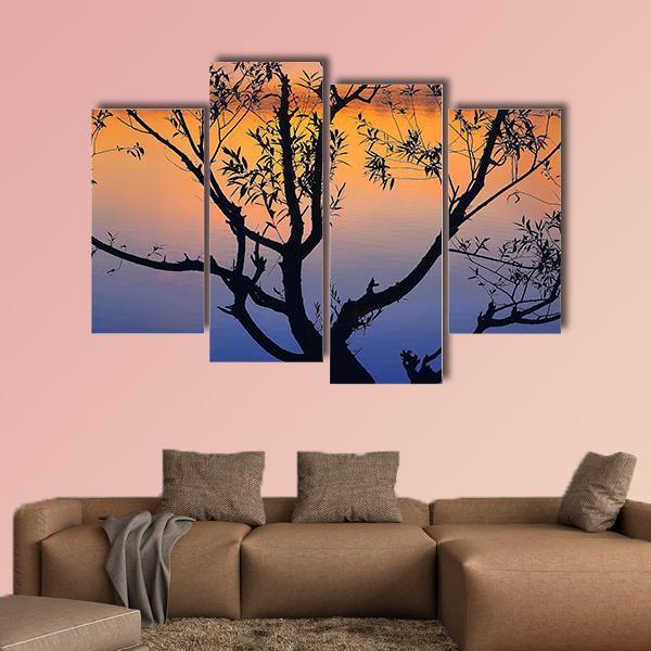Tree Silhouette At Sunrise Canvas Wall Art-4 Pop-Gallery Wrap-50" x 32"-Tiaracle