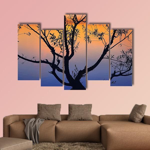 Tree Silhouette At Sunrise Canvas Wall Art-5 Pop-Gallery Wrap-47" x 32"-Tiaracle