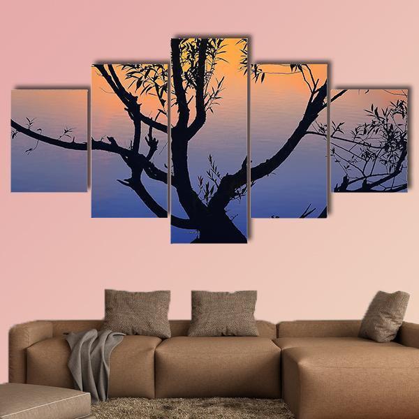 Tree Silhouette At Sunrise Canvas Wall Art-3 Horizontal-Gallery Wrap-25" x 16"-Tiaracle