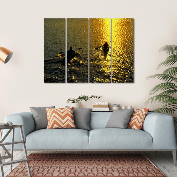 Silhouette Of Man And Woman Kayaking On A Lake At Sunset Canvas Wall Art-4 Horizontal-Gallery Wrap-34" x 24"-Tiaracle