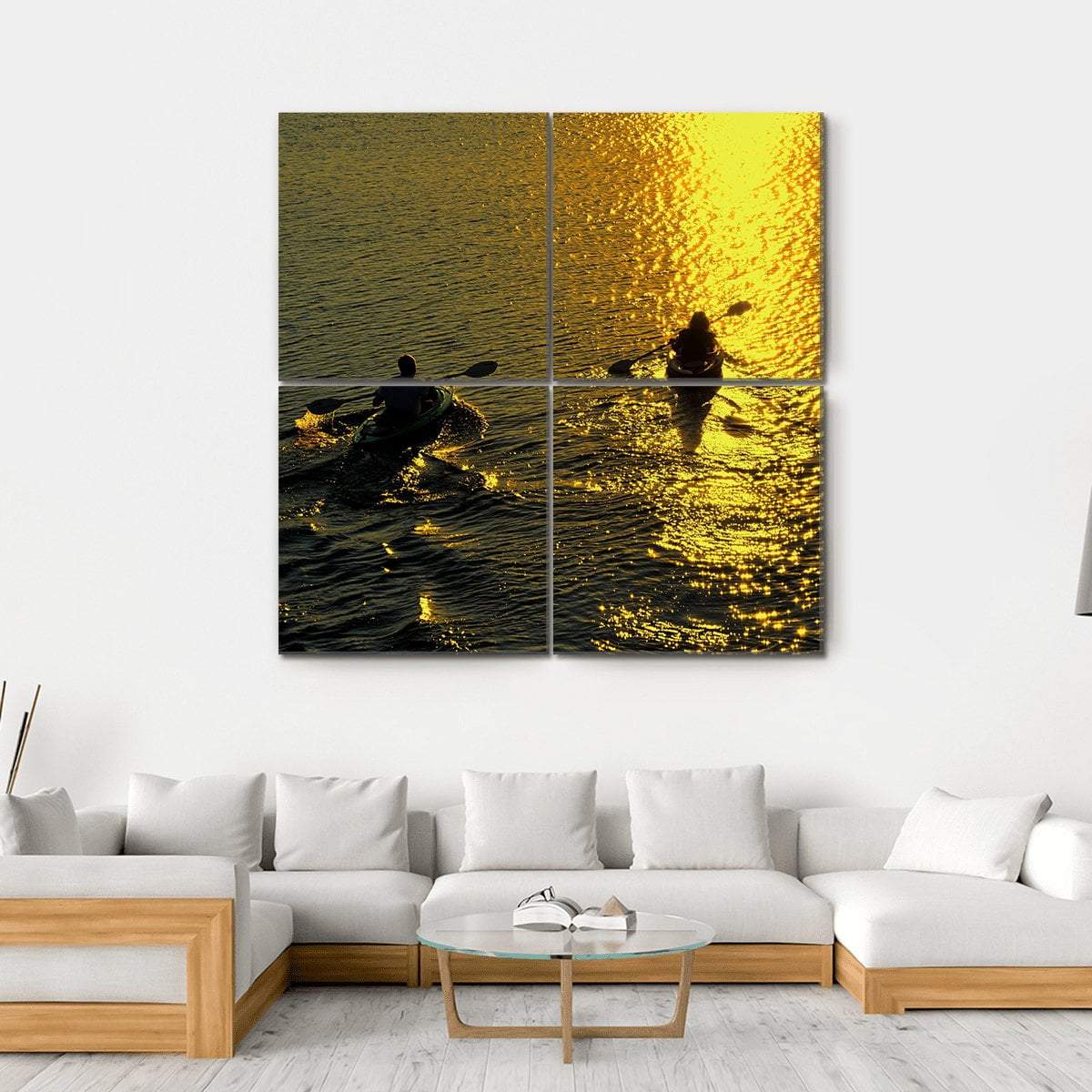 Silhouette Of Man And Woman Kayaking On A Lake At Sunset Canvas Wall Art-4 Square-Gallery Wrap-17" x 17"-Tiaracle