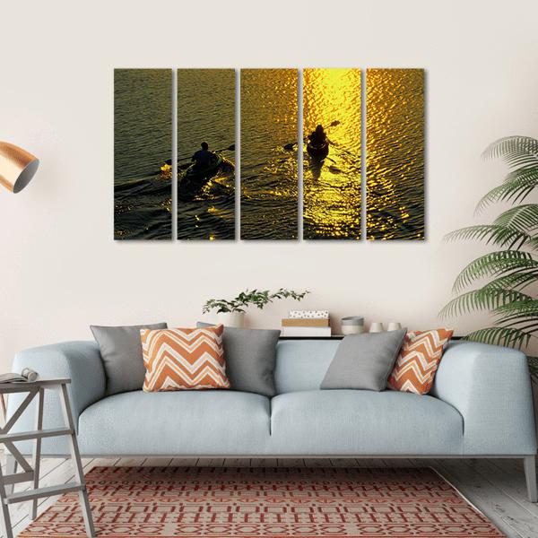 Silhouette Of Man And Woman Kayaking On A Lake At Sunset Canvas Wall Art-5 Horizontal-Gallery Wrap-22" x 12"-Tiaracle