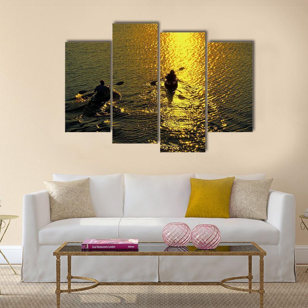 Silhouette Of Man And Woman Kayaking On A Lake At Sunset Canvas Wall Art-1 Piece-Gallery Wrap-48" x 32"-Tiaracle