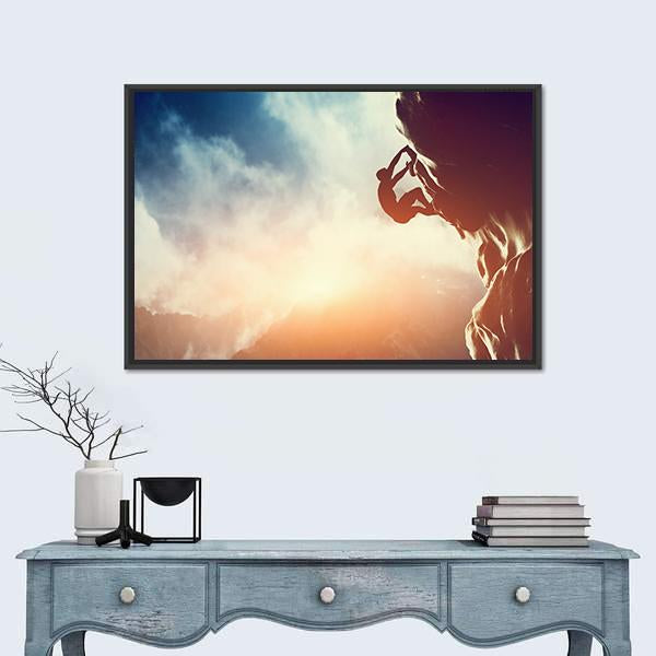 Silhouette Of Man Climbing On Rock Canvas Wall Art-1 Piece-Floating Frame-24&quot; x 16&quot;-Tiaracle