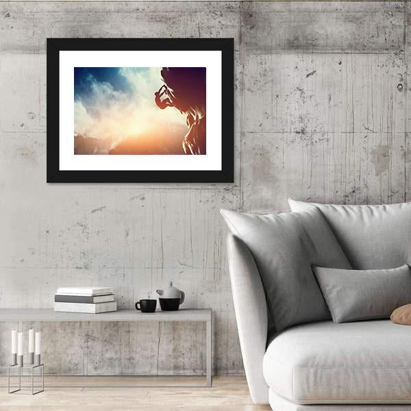 Silhouette Of Man Climbing On Rock Canvas Wall Art-3 Horizontal-Gallery Wrap-25&quot; x 16&quot;-Tiaracle