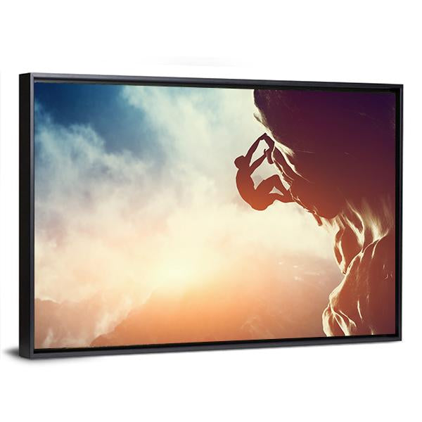 Silhouette Of Man Climbing On Rock Canvas Wall Art-3 Horizontal-Gallery Wrap-25&quot; x 16&quot;-Tiaracle