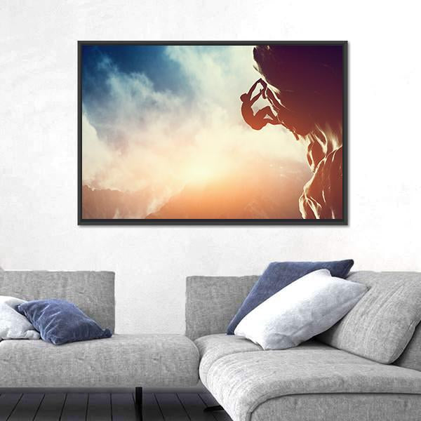 Silhouette Of Man Climbing On Rock Canvas Wall Art-3 Horizontal-Gallery Wrap-25&quot; x 16&quot;-Tiaracle