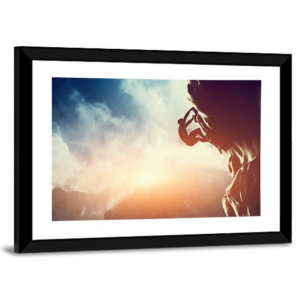 Silhouette Of Man Climbing On Rock Canvas Wall Art-3 Horizontal-Gallery Wrap-25&quot; x 16&quot;-Tiaracle