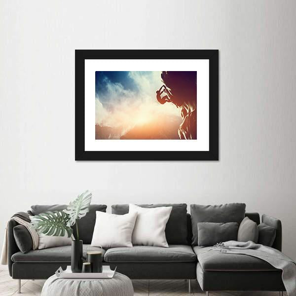Silhouette Of Man Climbing On Rock Canvas Wall Art-3 Horizontal-Gallery Wrap-25&quot; x 16&quot;-Tiaracle