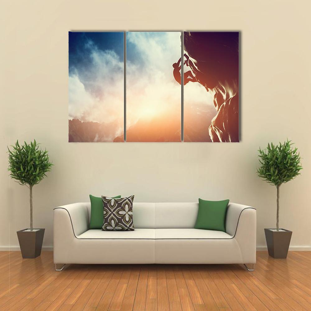 Silhouette Of Man Climbing On Rock Canvas Wall Art-3 Horizontal-Gallery Wrap-37" x 24"-Tiaracle
