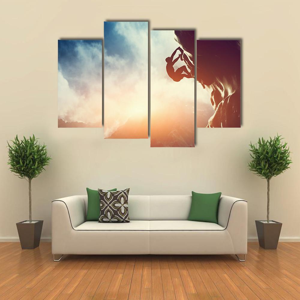 Silhouette Of Man Climbing On Rock Canvas Wall Art-4 Pop-Gallery Wrap-50" x 32"-Tiaracle