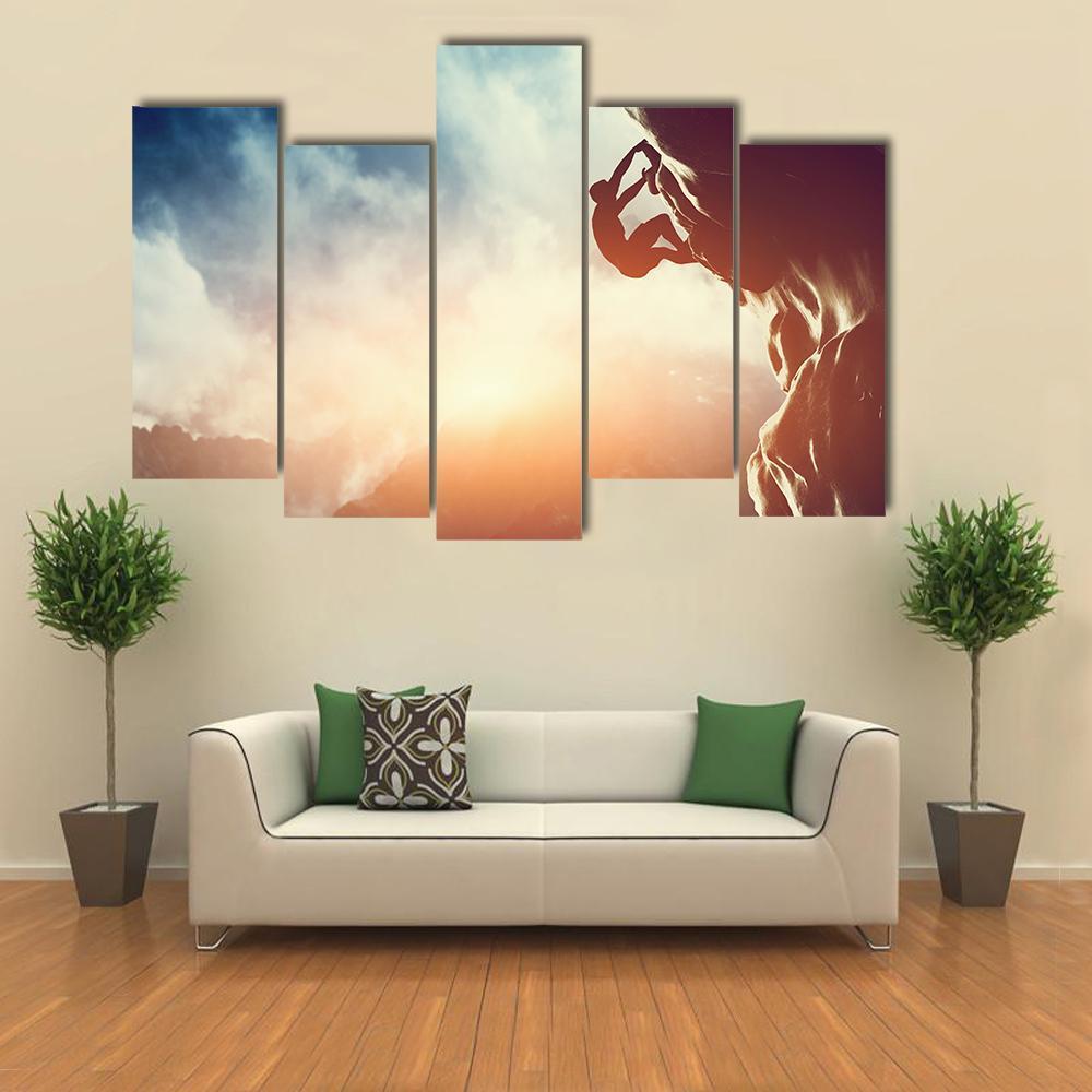 Silhouette Of Man Climbing On Rock Canvas Wall Art-5 Pop-Gallery Wrap-47&quot; x 32&quot;-Tiaracle