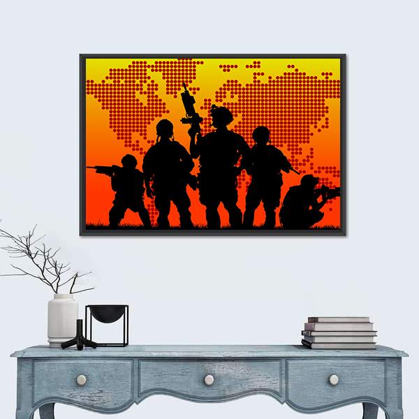 Silhouette Of Military Soldiers Canvas Wall Art-1 Piece-Floating Frame-24" x 16"-Tiaracle