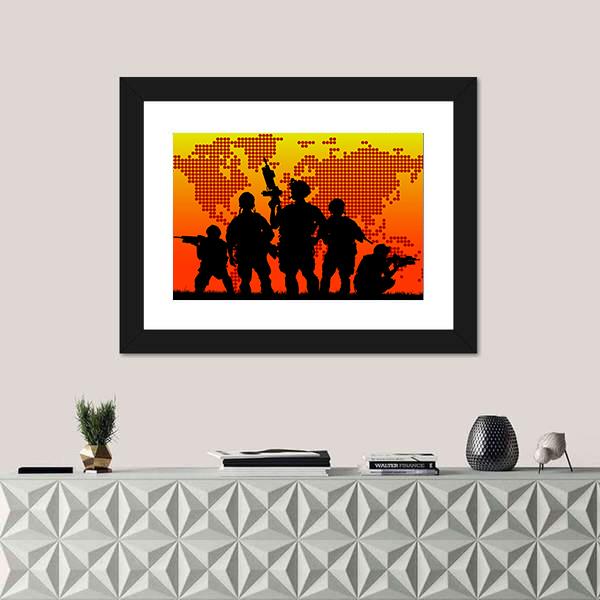 Silhouette Of Military Soldiers Canvas Wall Art-1 Piece-Framed Print-20" x 16"-Tiaracle