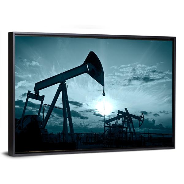 Silhouette Of Oil Pumps On A Sunset Canvas Wall Art-3 Horizontal-Gallery Wrap-25" x 16"-Tiaracle
