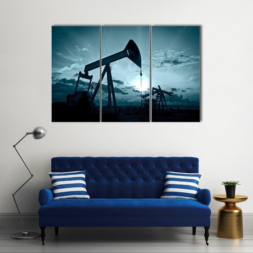 Silhouette Of Oil Pumps On A Sunset Canvas Wall Art-3 Horizontal-Gallery Wrap-37" x 24"-Tiaracle