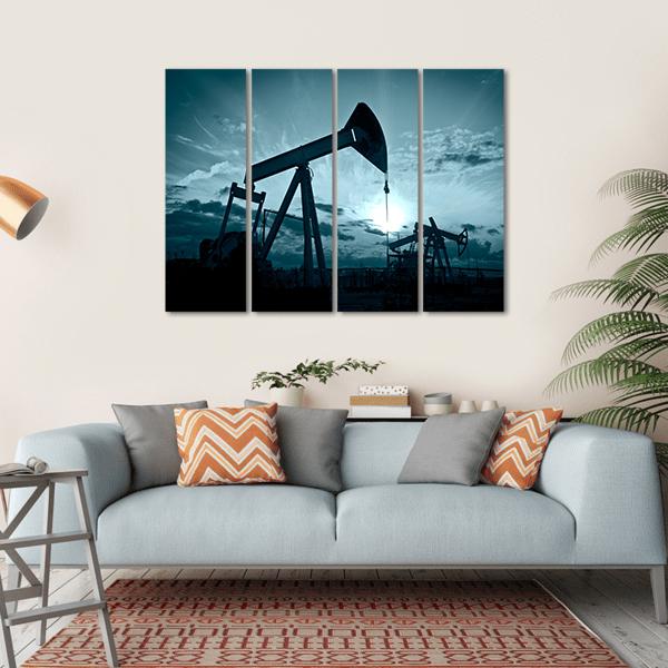Silhouette Of Oil Pumps On A Sunset Canvas Wall Art-4 Horizontal-Gallery Wrap-34" x 24"-Tiaracle