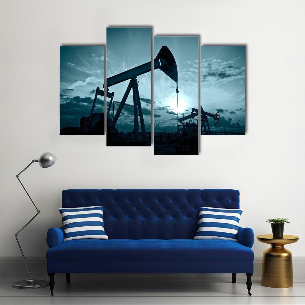 Silhouette Of Oil Pumps On A Sunset Canvas Wall Art-4 Pop-Gallery Wrap-50" x 32"-Tiaracle