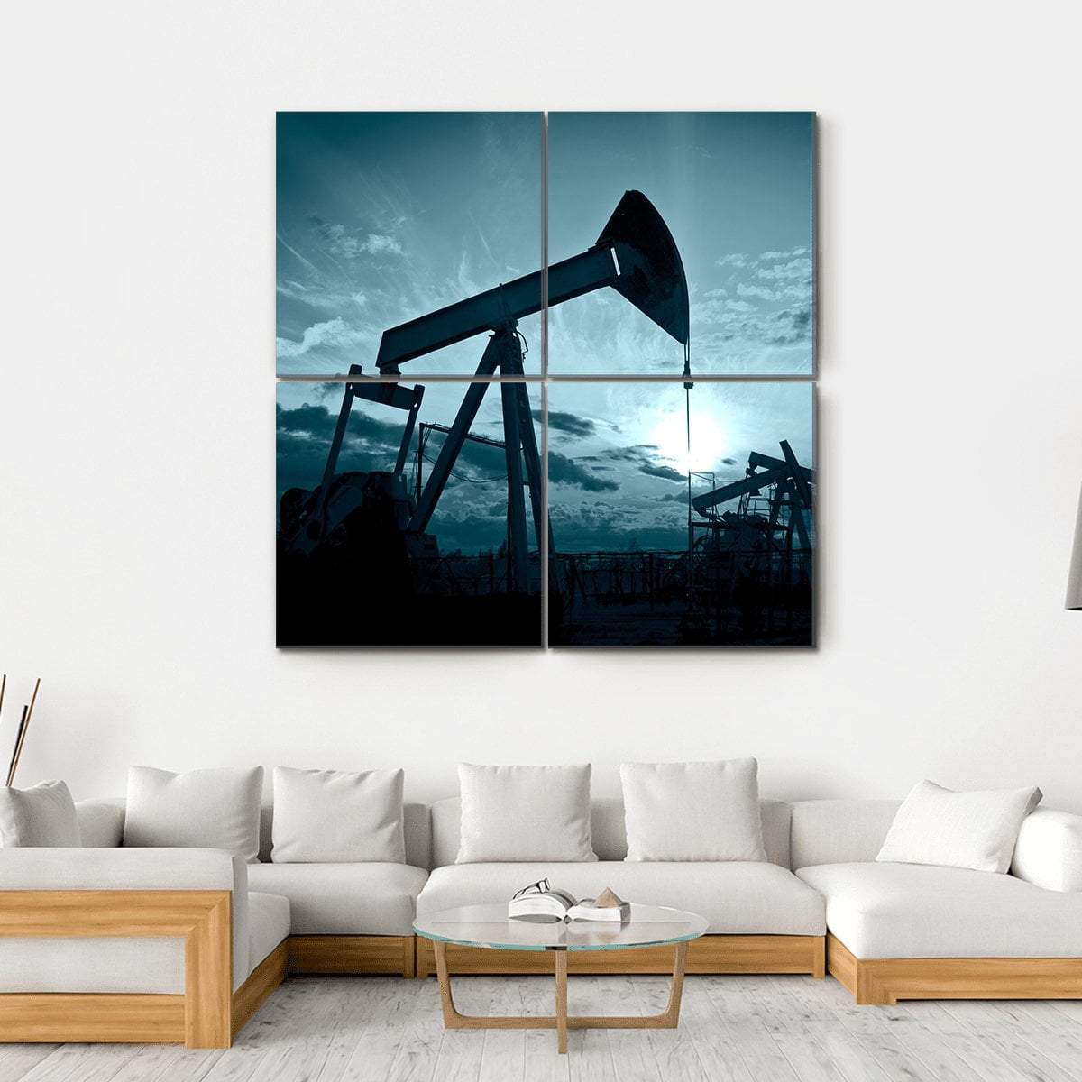 Silhouette Of Oil Pumps On A Sunset Canvas Wall Art-4 Square-Gallery Wrap-17" x 17"-Tiaracle
