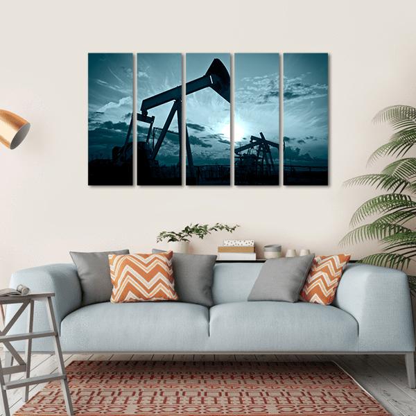 Silhouette Of Oil Pumps On A Sunset Canvas Wall Art-5 Horizontal-Gallery Wrap-22" x 12"-Tiaracle